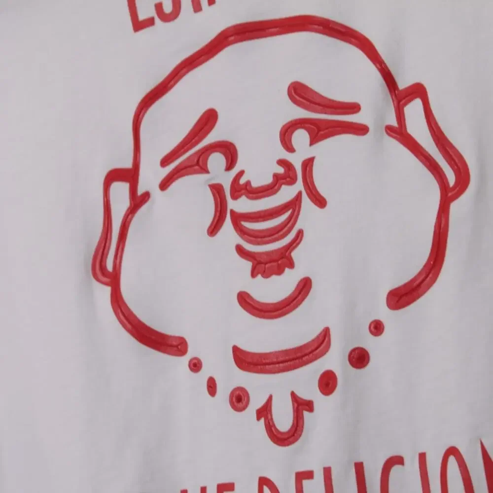 TRUE RELIGION | Mens White Red Buddha Logo Graphic T-Shirt Raised Paint Y2K 2XL